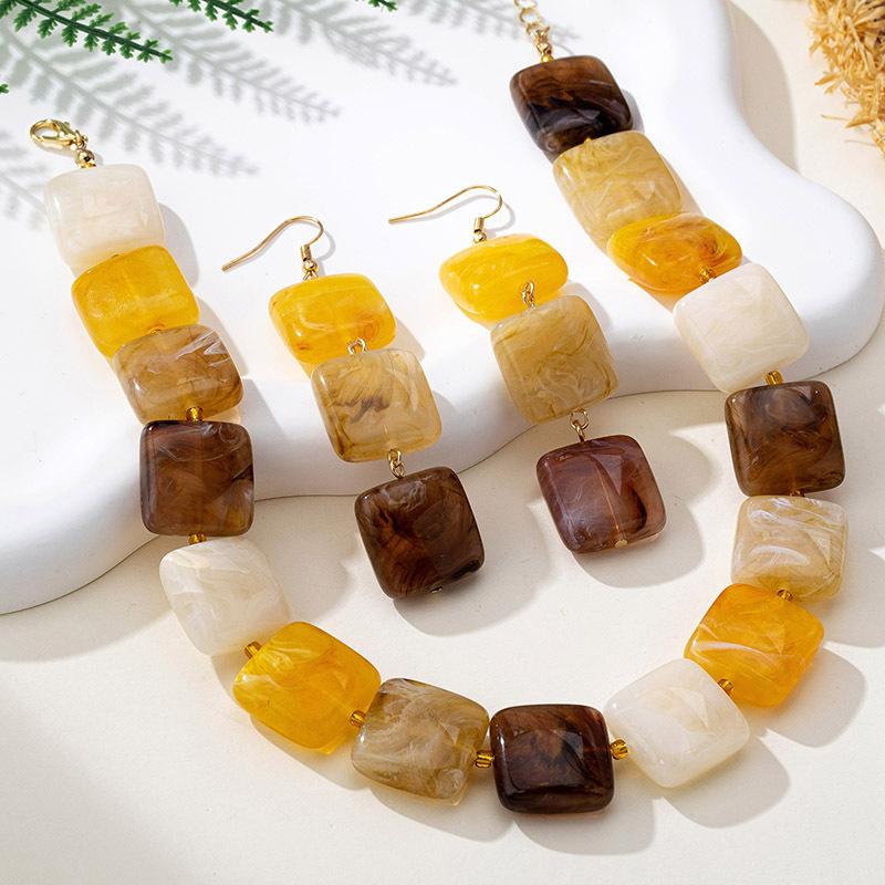 Beach Style Retro Amber Square Beaded Necklace for Women Earrings Accessories