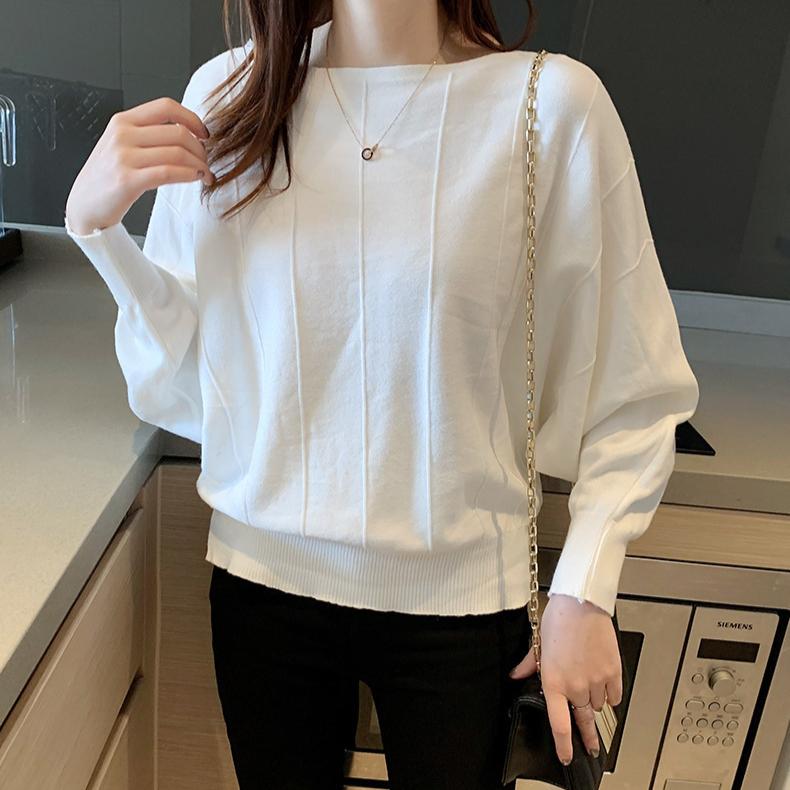 Dámský svetr s netopýřím rukávem, volný a líný styl, pletený svetr, jednobarevný, ležérní svetr, podzim a zima