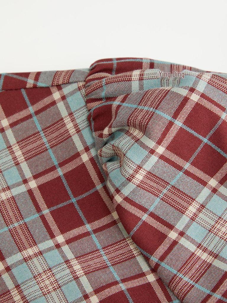 Europese en Amerikaanse Dames Plaid Hoge Hals Pofmouw Mini Jurk