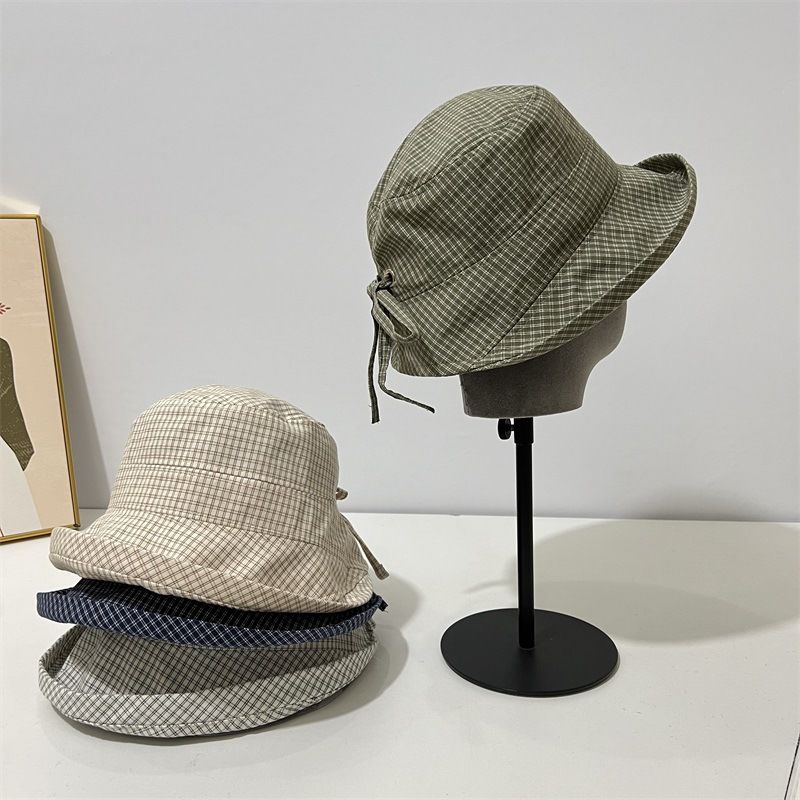 Spring and Summer Plaid Crimped Bucket Hat Women's Big Eaves Quick-drying Sunshade Sunscreen Basin Hat