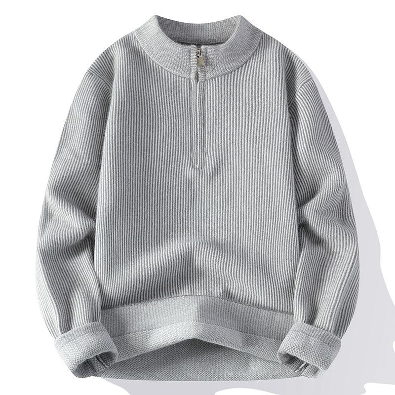 Autumn and Winter Thickened Loose Warm Half Zipper Striped Knitted Sweater Men's Warm Bottoming Shirt