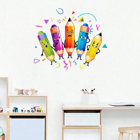 Colorful Pencils Wall Sticker Cartoon Kids Room Wall Decals Peel And Stick Classroom Wall Mural Art for Playroom Nursery Wall