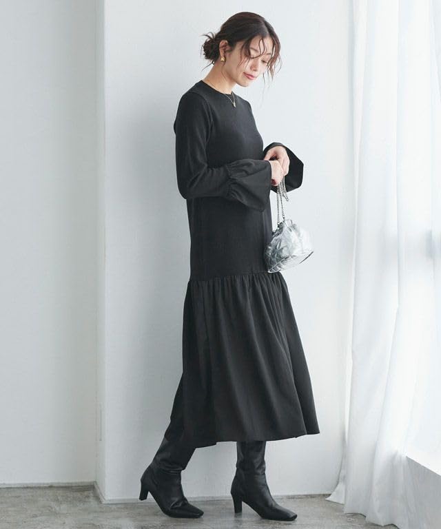 Pierrot Knit Rayon Flared Size Black Mixed-Material Dress, Blend, Gathered, Silhouette, Women's, M,