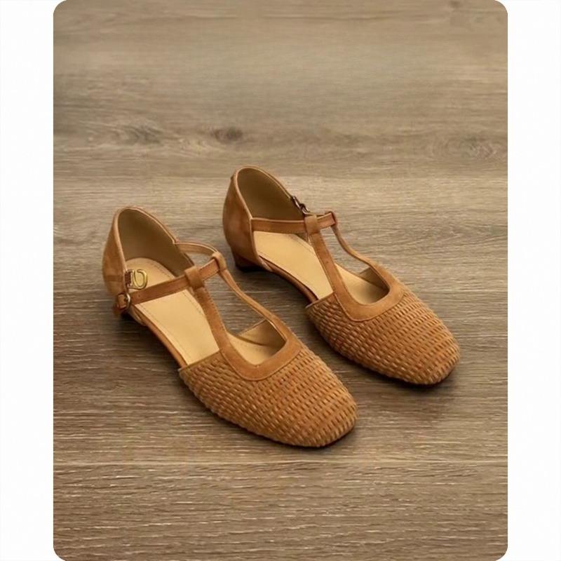 Retro Shoes Woven Sandals Women's Thick-heeled Flip-top Single Shoes