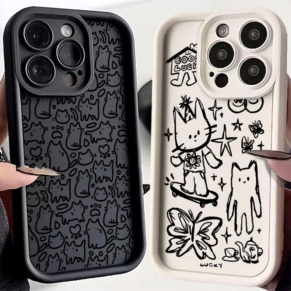 Cute Black Kitten Sketch Cat Phone Case For iPhone 17 Air 16 E 15 14 13 12 11 Pro Max Plus Mini SE 2020 2022 Soft TPU Back