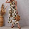 Abito Lungo Estivo in Cotone Stile Inglese con Stampa Floreale Senza Maniche per Donna Albicocca Casual a Vita Alta