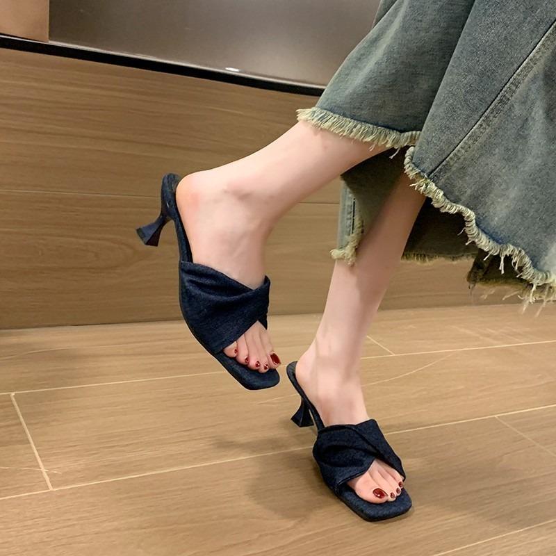 New Style Shoes Square-toed Shoes Thin-heeled One-strap Slippers Versatile High-heeled Sandals Slippers