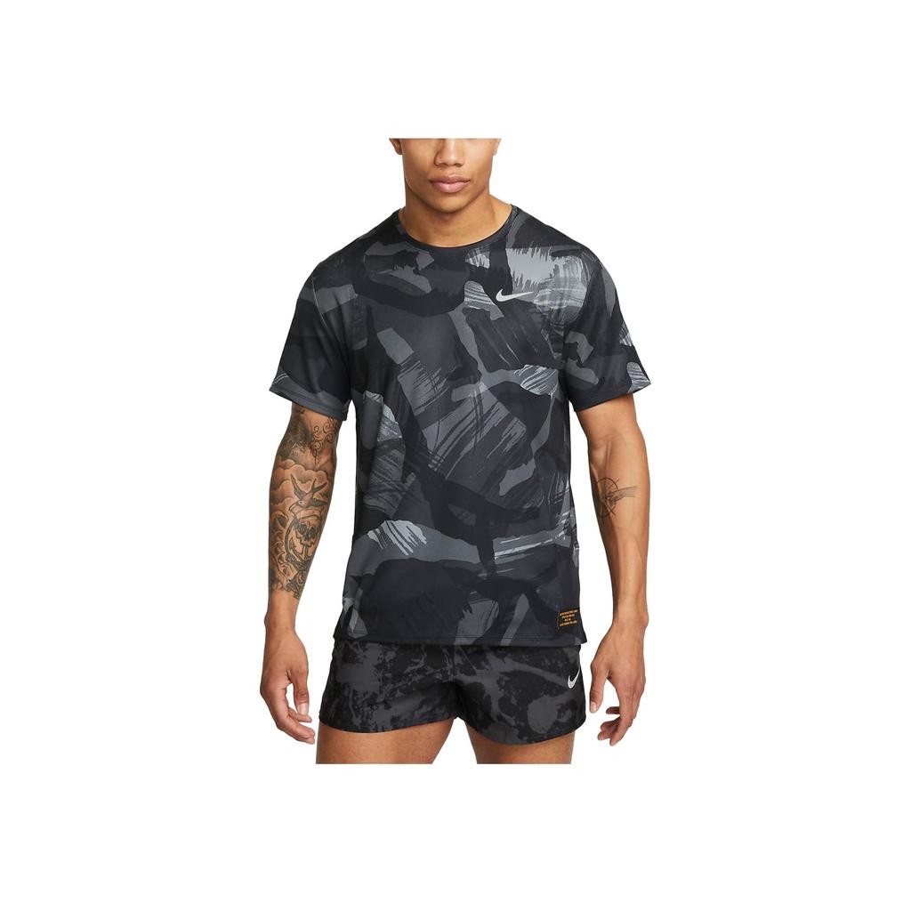 Nike Dri-FIT Miler Slim Fit Camo Quick-Dry Comfortable Crew Neck Short Sleeve T-Shirt Men Tops Black FD4053-010