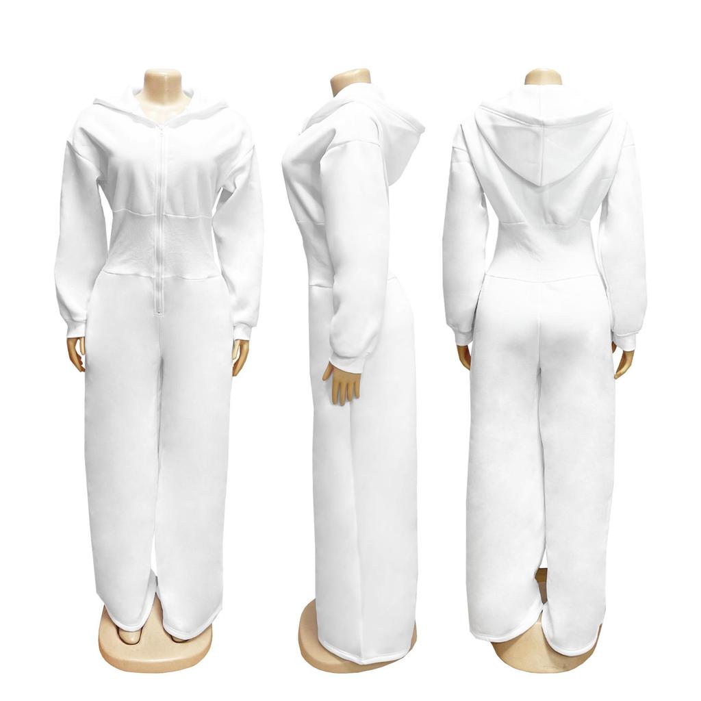 TW818 Women's Hooded Zip-Up Slimming Jumpsuit - Autumn/Winter, Elastic Waist, Solid Color