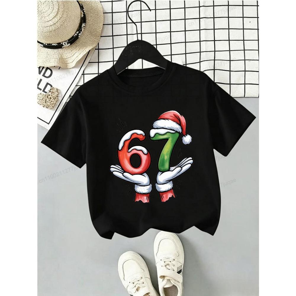 Kids Christmas T Shirt Santa Hold Number 67 Graphic Tee Short Sleeve Toddler Boys Girls Xmas Holiday Top Birthday Party Outfits