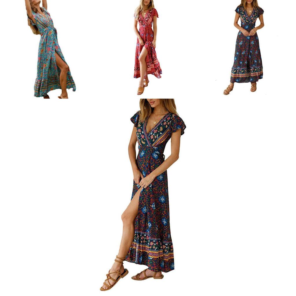 Elegant Women Wrap Summer Boho Floral Short Sleeve Maxi Print Dress For Holidays