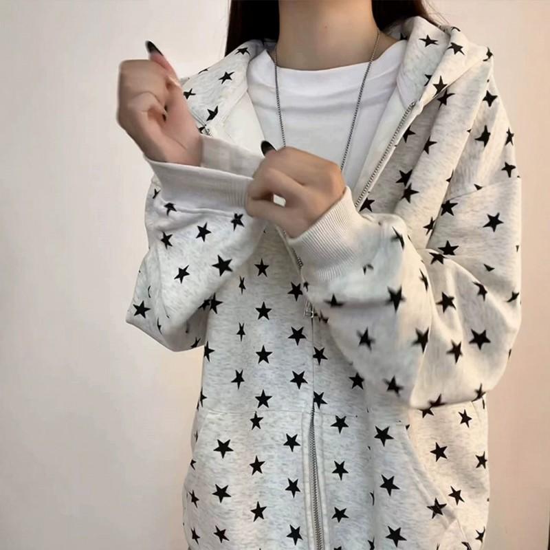 Unisex Oversized Hooded Zip-Up Sweatshirt With Star Print Premium Heavyweight Cotton Blend Casual Fall Streetwear