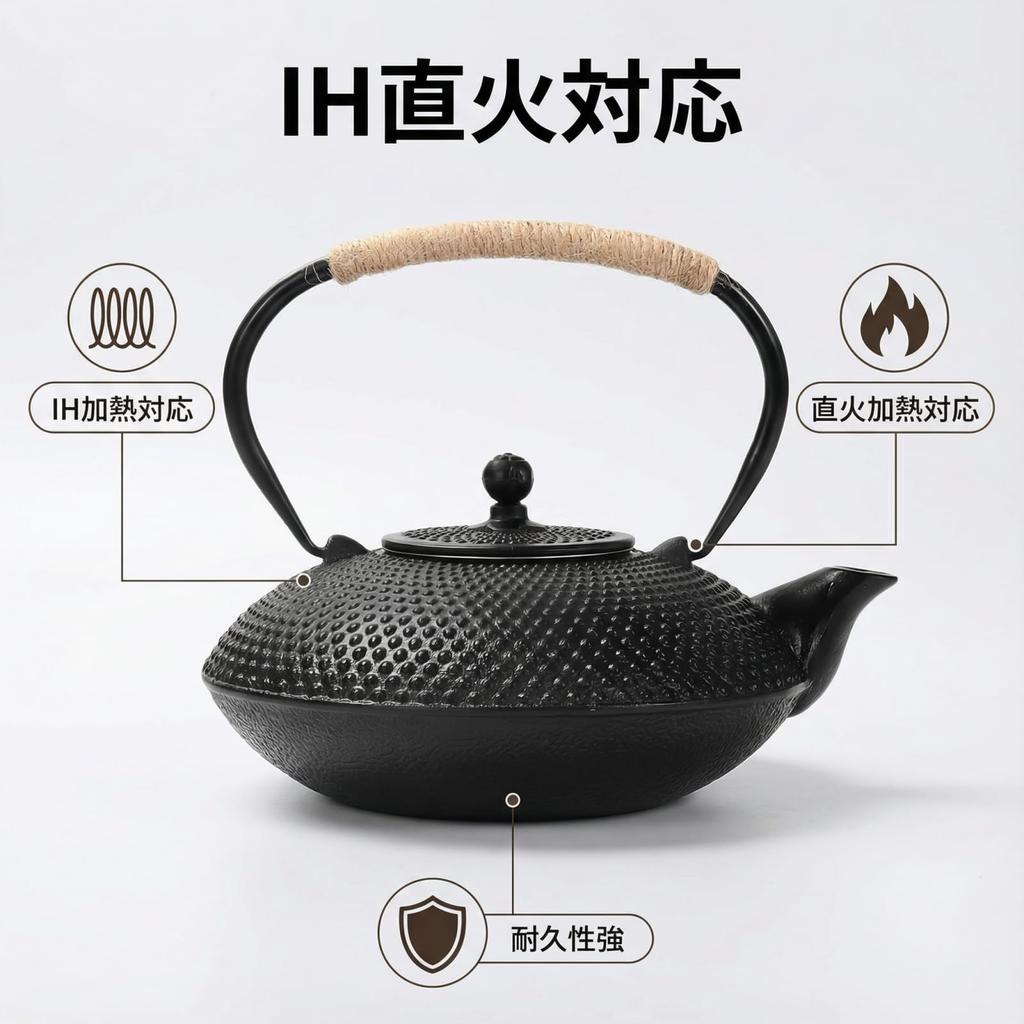 Qoexio Iron Teapot, Nambu Ironware, IH Compatible, Teapot with Tea Strainer, Iron Supplementation, Suitable for Direct Flame, Traditional Craft, Gift