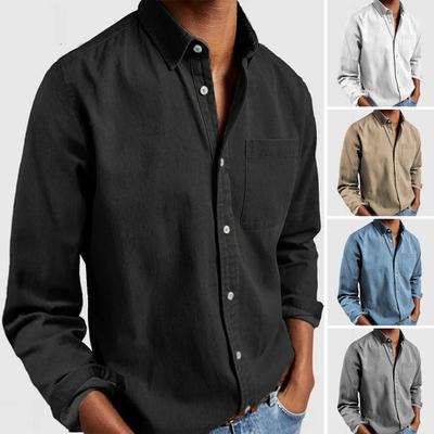 Spring Fall Men Shirt with Chest Pocket Turn-down Collar Button-down Top Long Sleeve Solid Color Loose Cardigan Casual Daily Shirt