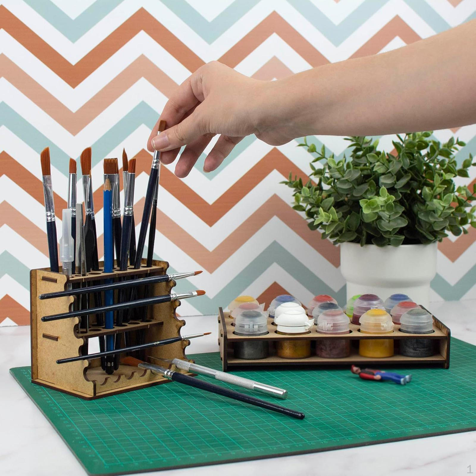 

Wooden Paint Brush Holder Desktop Organizer 14 Holes Art Supplies Artist Rack for