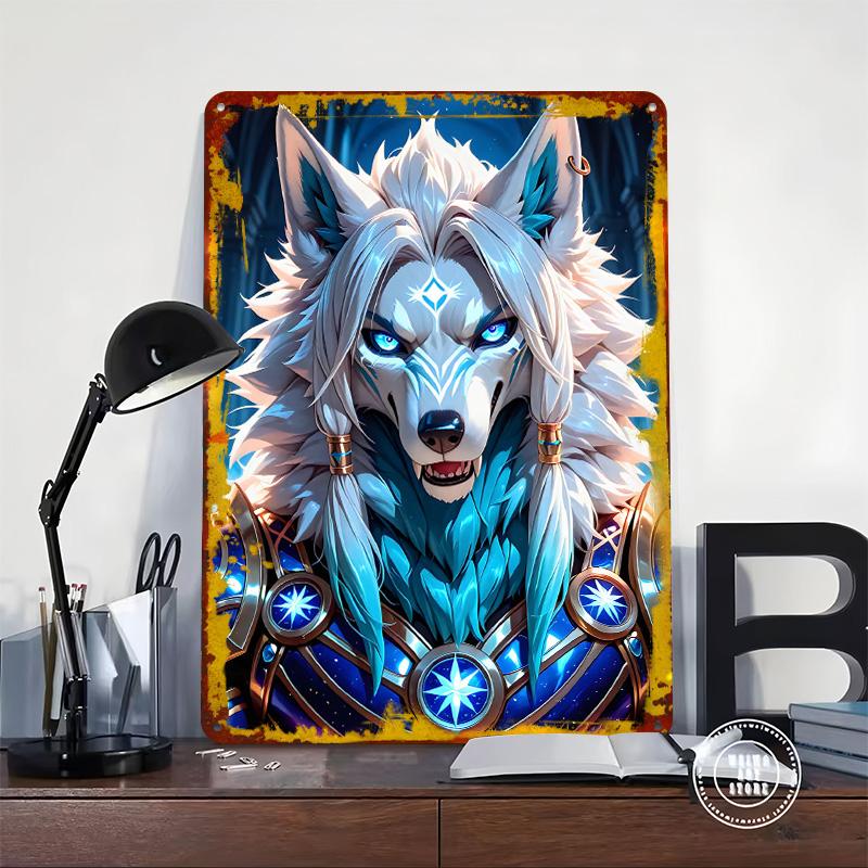 Fantasy Wolf Warrior Portrait Printed Poster Customized Wall Art Retro Vintage Metal Tin Signs for Bedroom Decoration Room Decor
