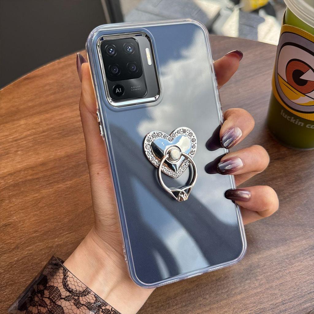 Luxury Bling Rhinestone Heart Ring Bracket Clear Phone Case for OPPO Reno5 Lite,A94 4G Stand Cover