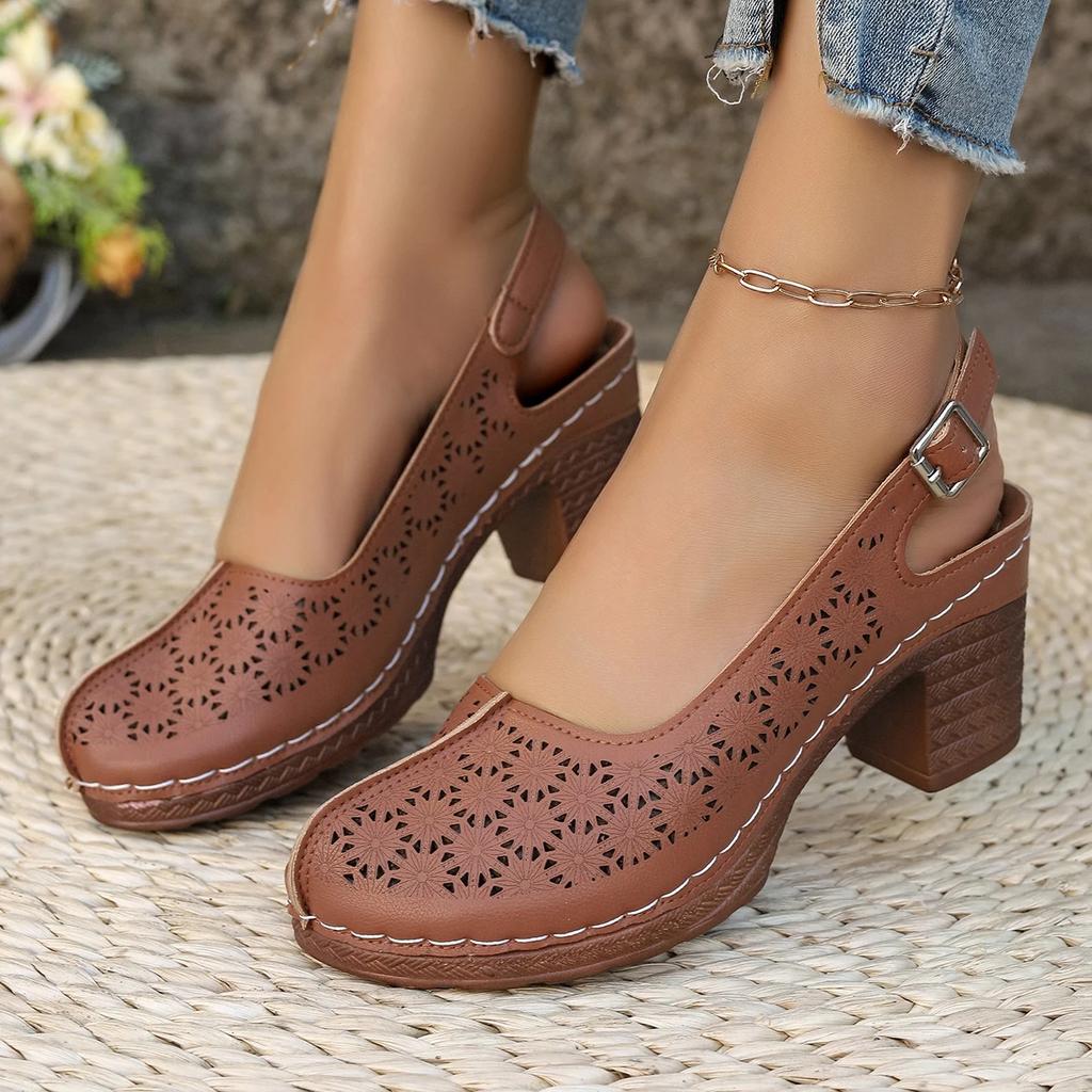 Fashion Summer New Women High Heel Sandals Comfortable Rubber Sole Shoes Large Size Roman Style Round Toe PU Leather Slip-On Sandals