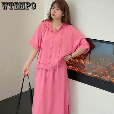 Chaqueta y falda de suéter con capucha informal de verano de dos piezas de moda grande para mujer