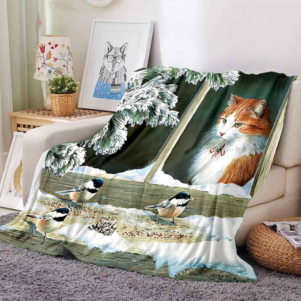 Cat Chickadees Winter Blanket Soft Throw Blanket For Home Bedroom Bed Sofa Travel Office Solid Christmas Blanket