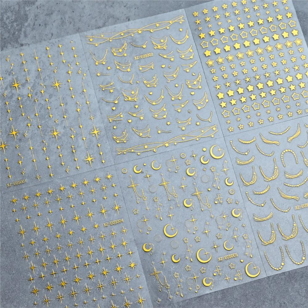 6sheets 3D Bronzing Gold Star Moon Nail Sticker Metal French Chain Star & Starlight Nail Decals Self-Adhesive Nail Decora 8*10cm