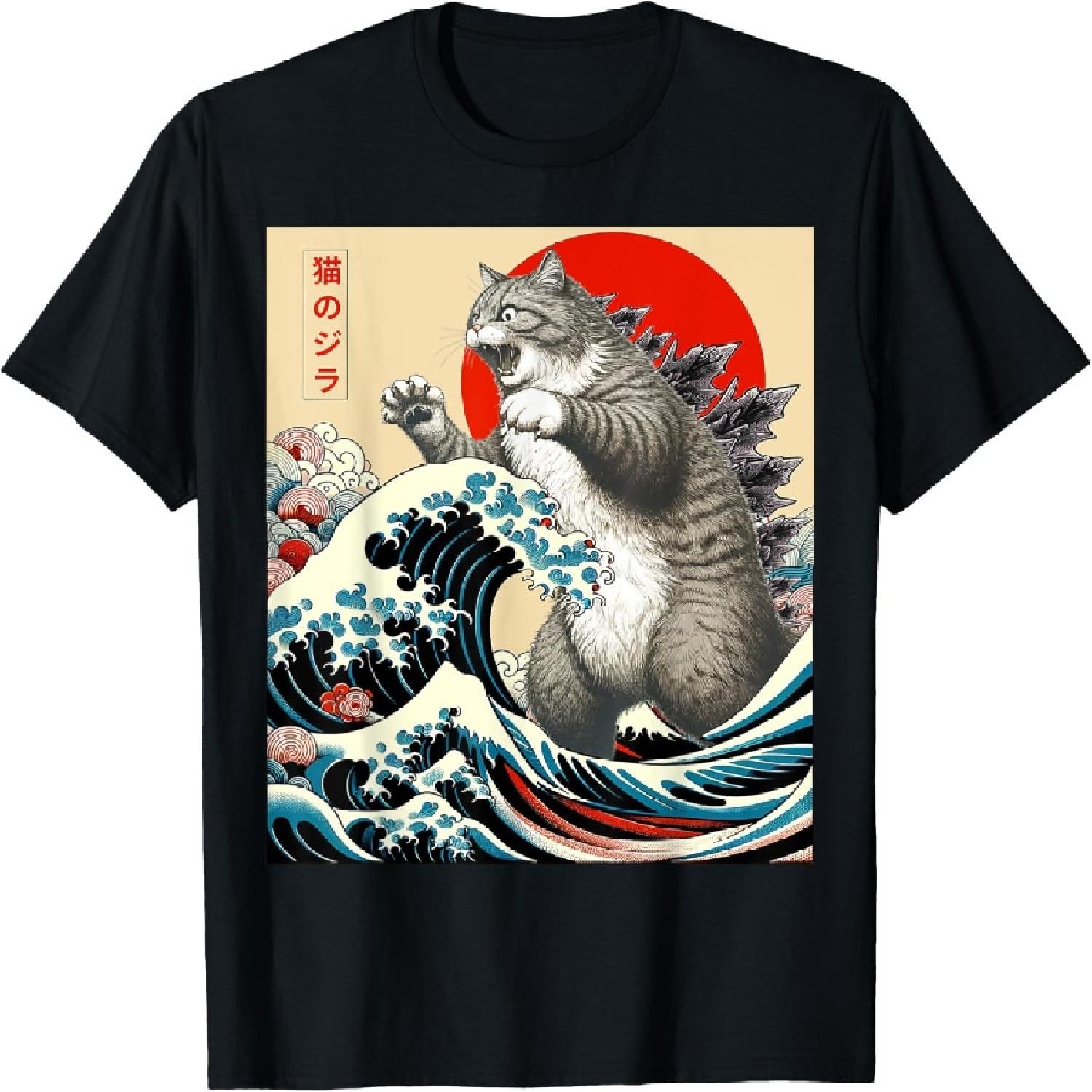 Catzilla Кот Японское Искусство Смешные Подарки Коту Для Мужчин Женщин Ребенка Футболка(1) S