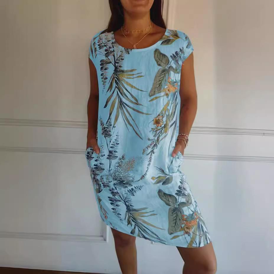 Women's Short-sleeved Round Neck Printed Pocket Loose Retro Short Dress