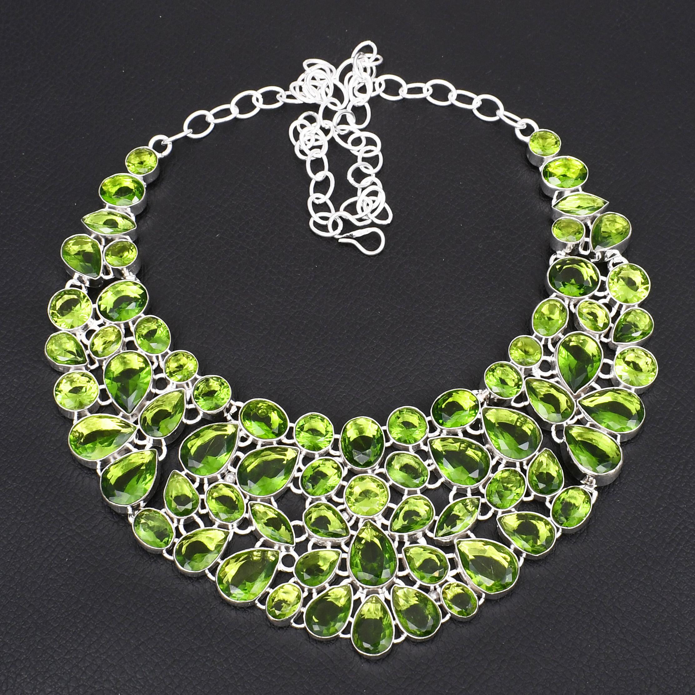 

Handmade Luxury Peridot Green Gemstone Statement Necklace for Women 925 Sterling Silver Plated Big Necklace Elegant Wedding & Party Jewelry Gift