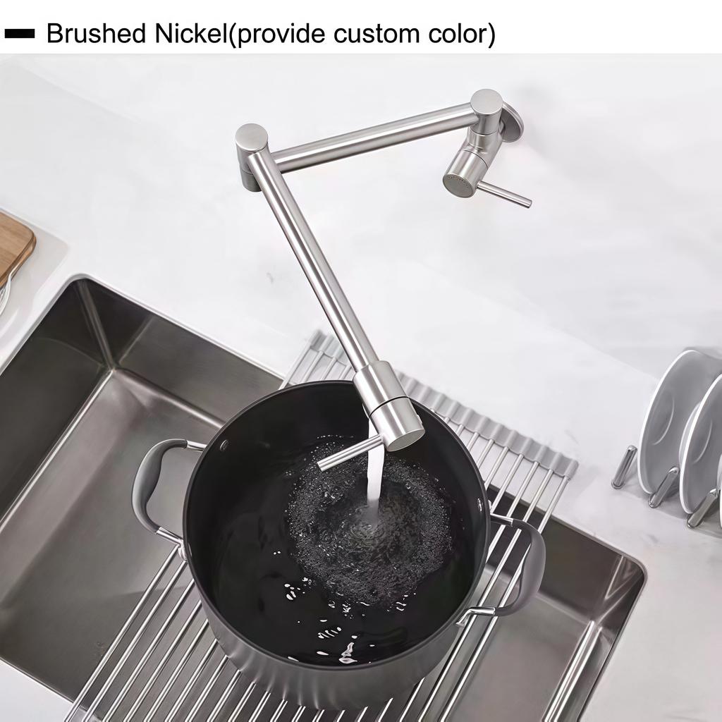Solid Stainless Steel Wall-Mounted Kitchen Sink Faucet Dual Handle Pot Filler Single Hole Ceramic Valve Core for Hotels