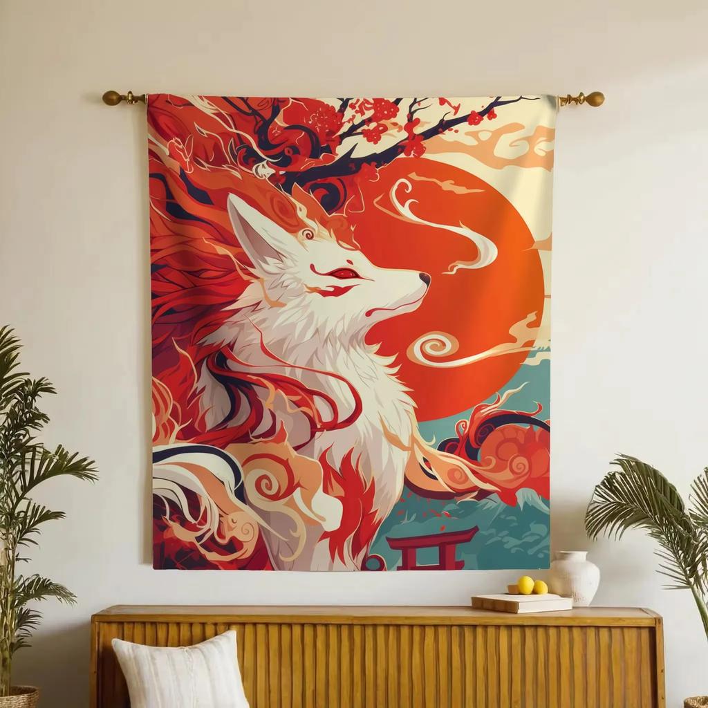 Japanese Kitsune Fox Tapestry Original Yokai Folklore Wall Hanging For Home Decor Display