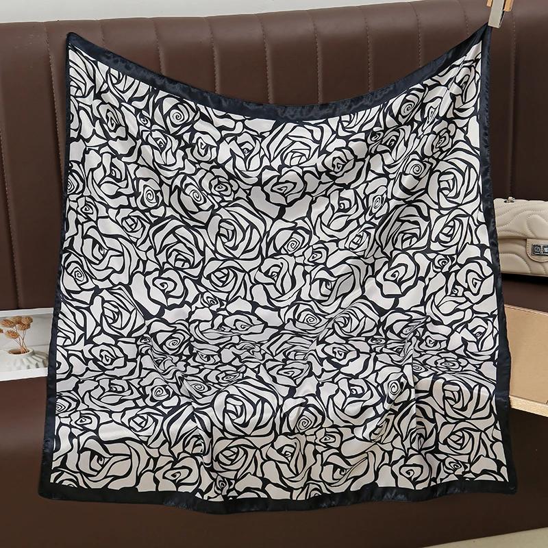 90*90cm Line Rose Printed Square Scarf Polyester Muslim Woman Hijab Shawls Lady Fashion Elegant Wraps Islamic Turban Tippet