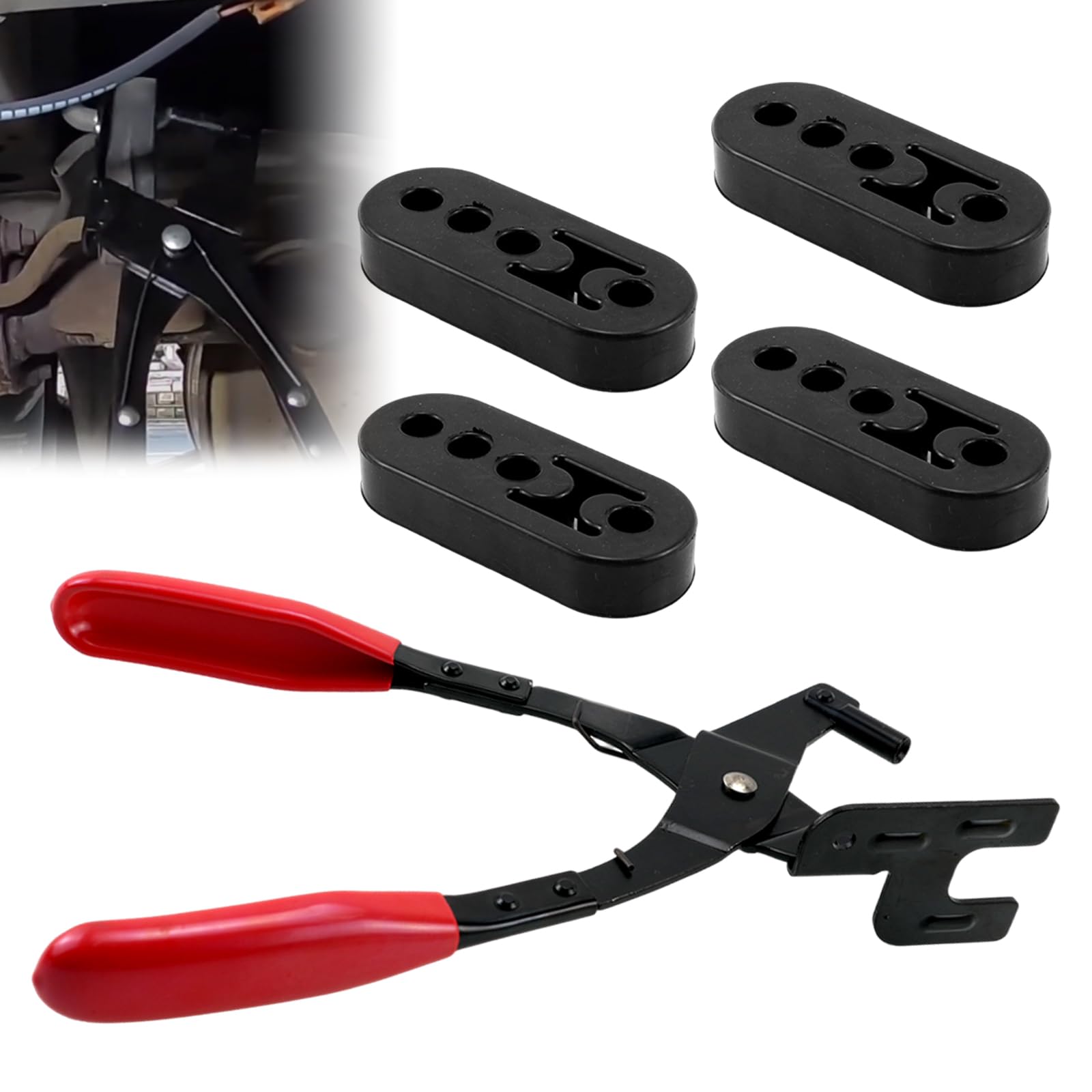 

Sporacingrts Set of 4 Car Muffler Hangers with Dedicated Pliers Rubber Bushing Removal Tool Muffler Replacement Removal Kit