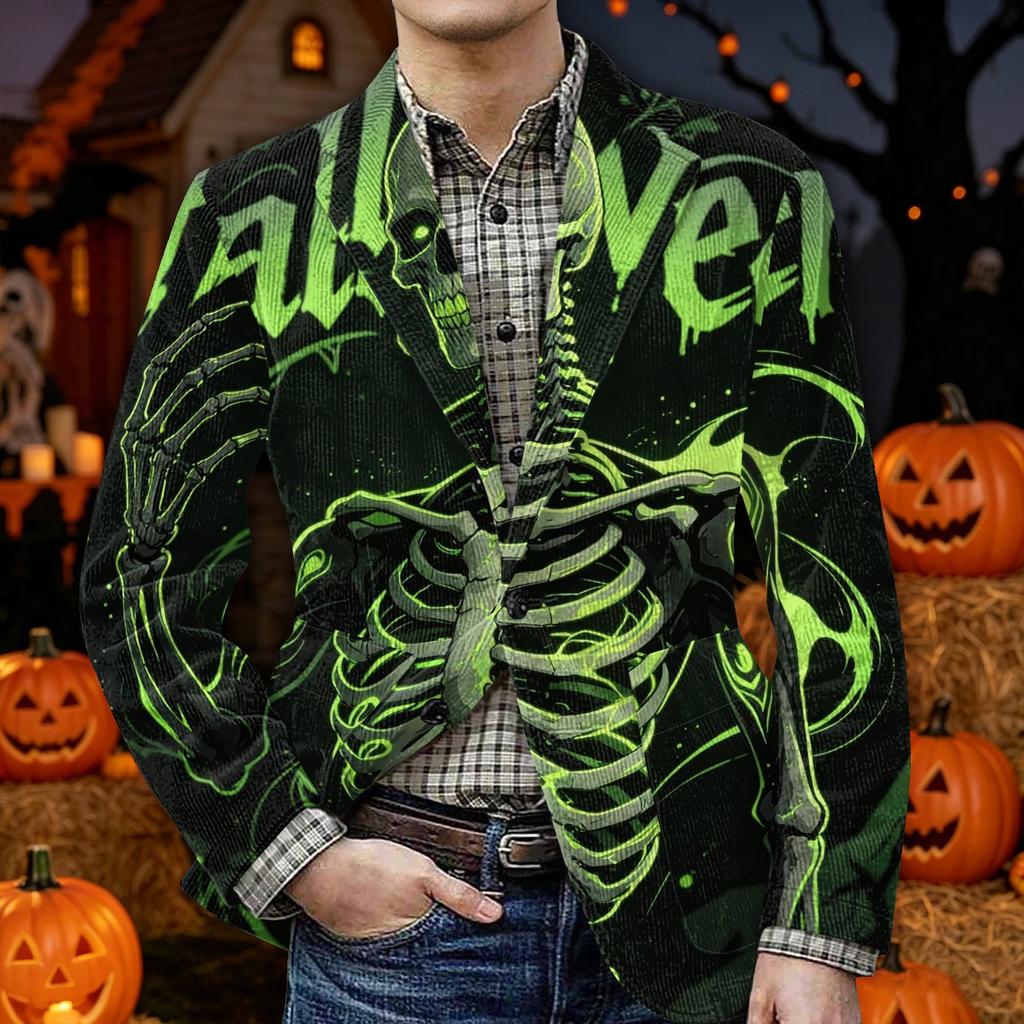 Men's Corduroy Blazer Jacket with Halloween Print Warm Button Front Casual Suit Coat with Pockets for Everyday Wear