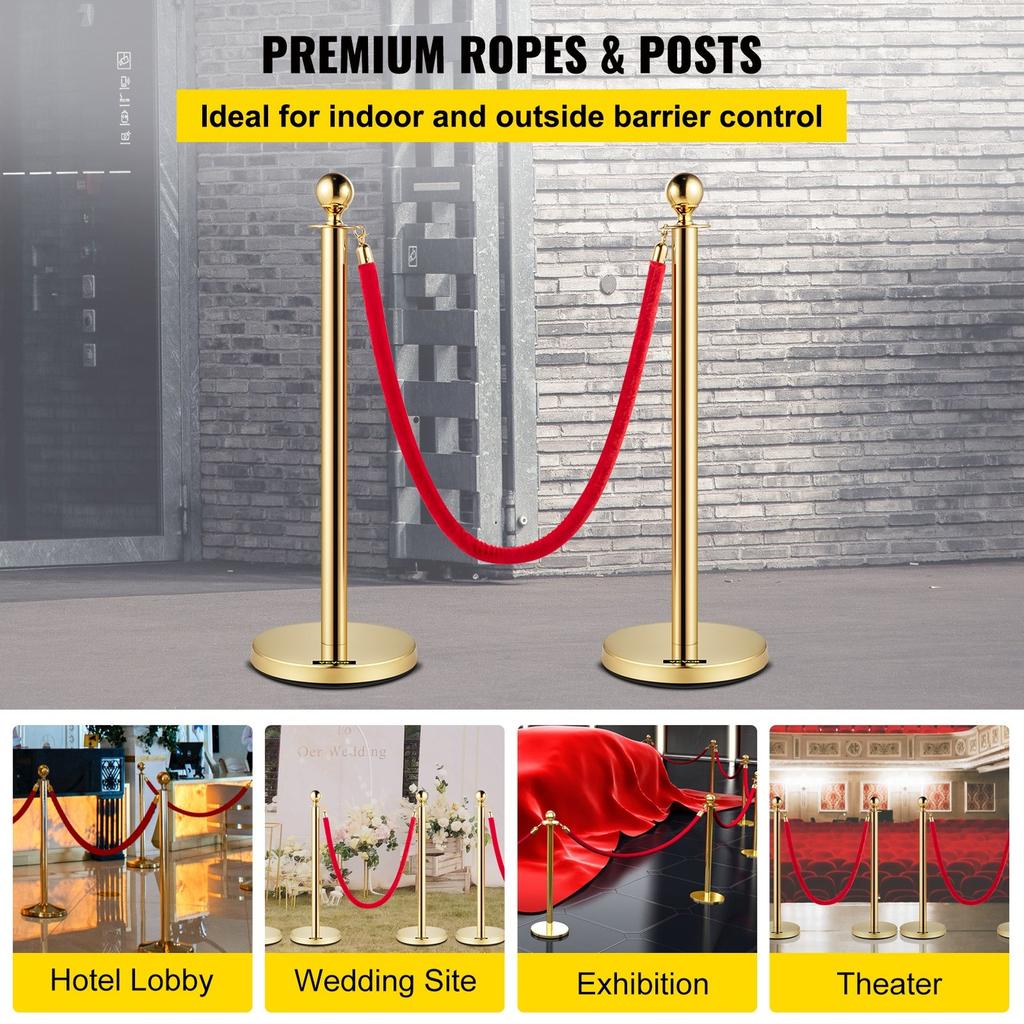 Velvet Ropes and Posts Gold Stanchion 5ft/1.5m Crowd Control Barriers 4PCS