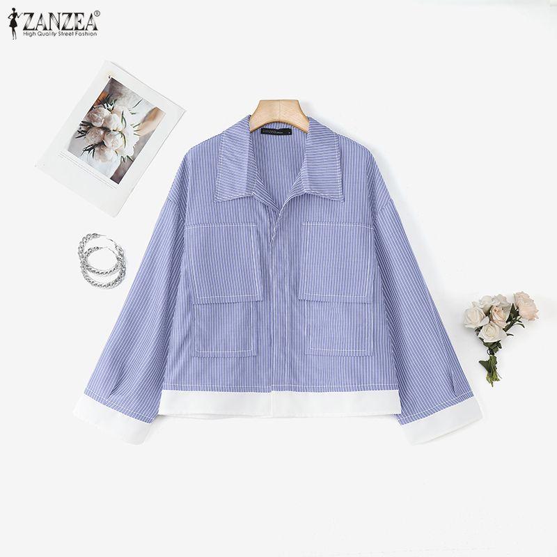ZANZEA Women Casual Turn Down Collar Loose Long Sleeve Stripe Blouse