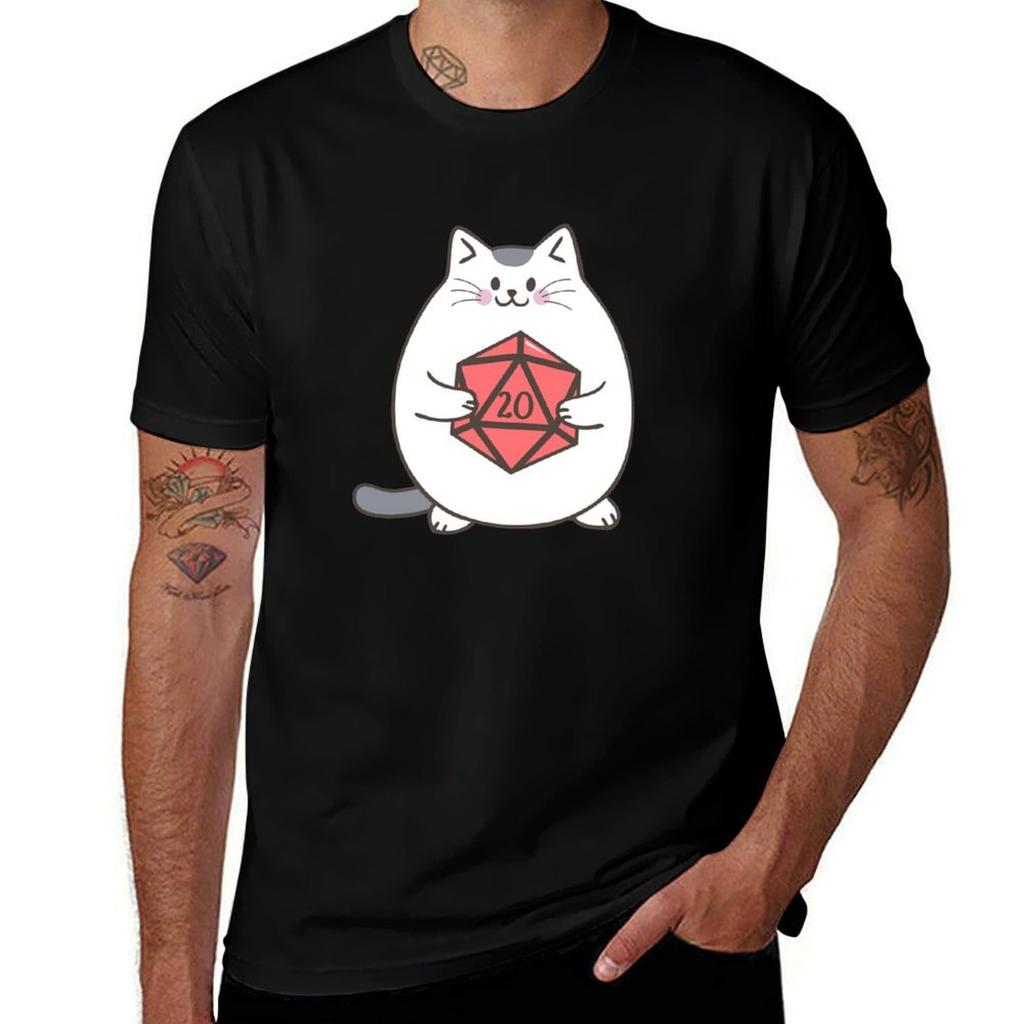 Fat Cat with Polyhedral D20 Dice TShirt T Shirts for Man Graphic Vintage T Shirt for Man TShirt
