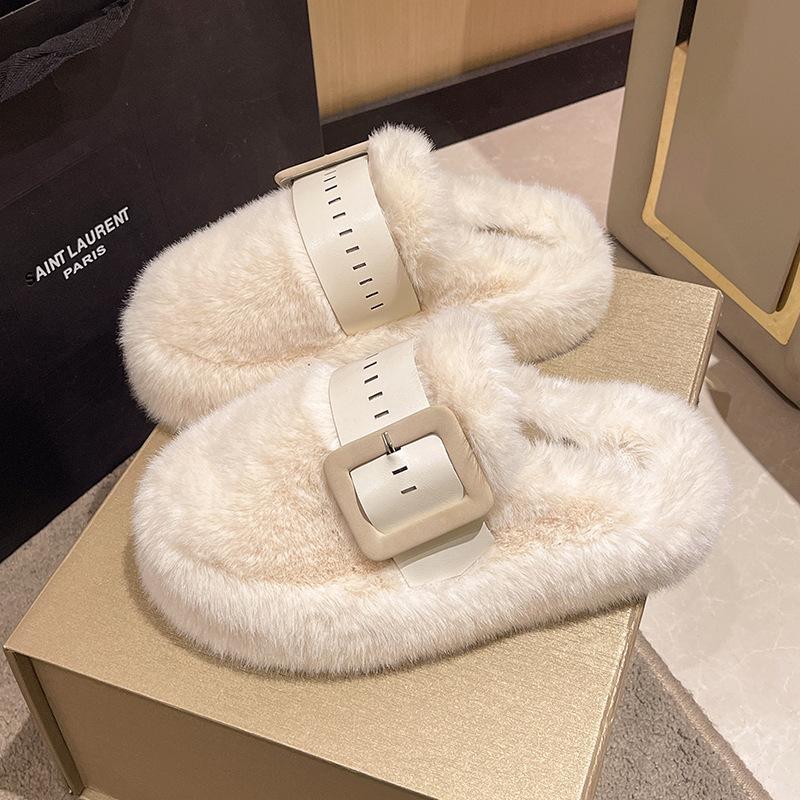 Fashion High-end Fluffy Slippers Women's 2025 Autumn and Winter New Outer Wear Thick-soled Muffin Half-slippers Head-wrapped Cotton Slippers
