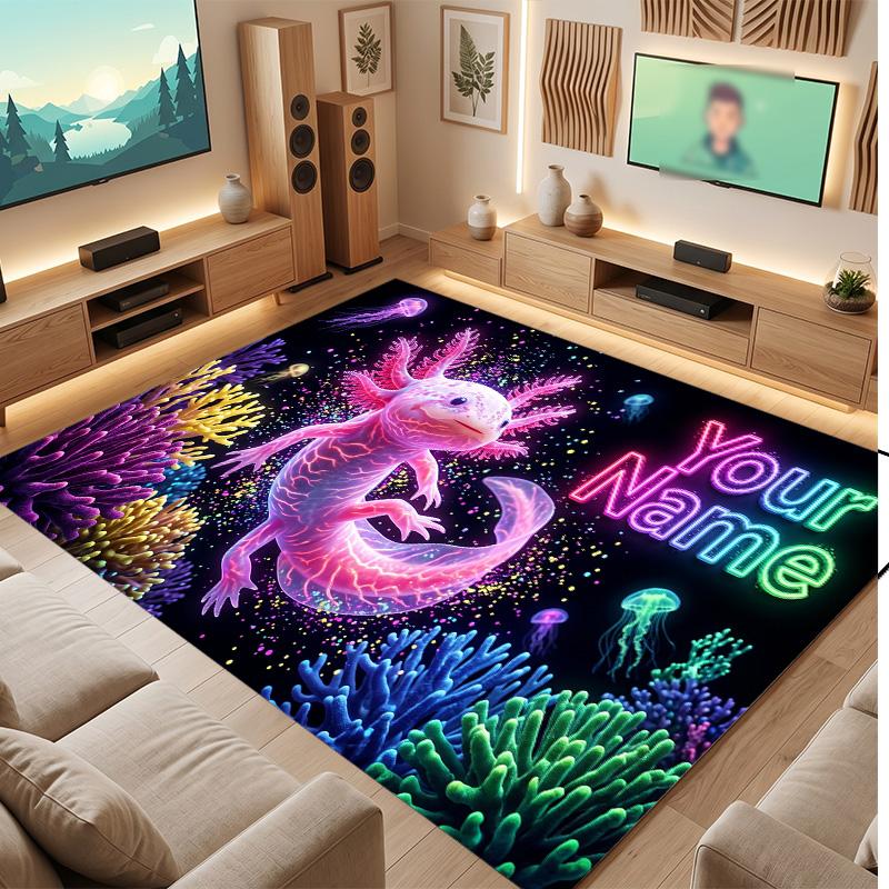 Axolotl Theme Soft Crystal Velvet Rug Custom Name & Text Print Non Slip Floor Rug for Bedroom Living Room