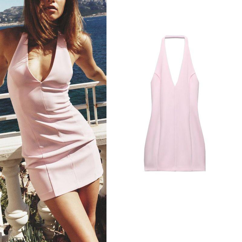 Spring New Women's Fashion Sweet Sexy Slim Fit Backless Design Hanging Collar Short Dress 3397777