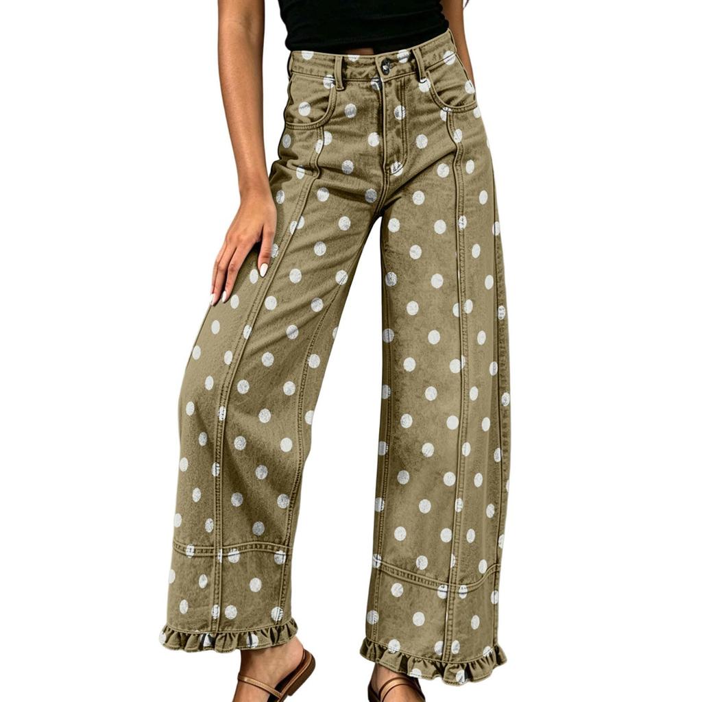 Women's Loose Fit Wide Leg Jeans Polka Dot Patchwork Distressed Denim