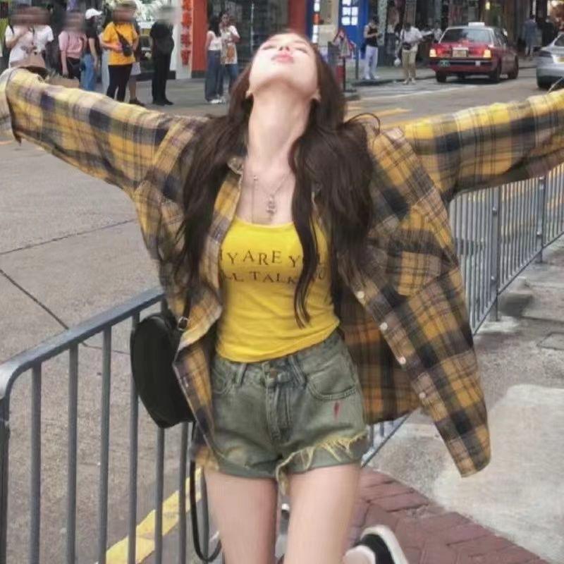 American Spice Girl Vintage Plaid Long Sleeve Red Shirt Women's Spring and Autumn Pure Desire Lazy Plaid Top Jacket Tide