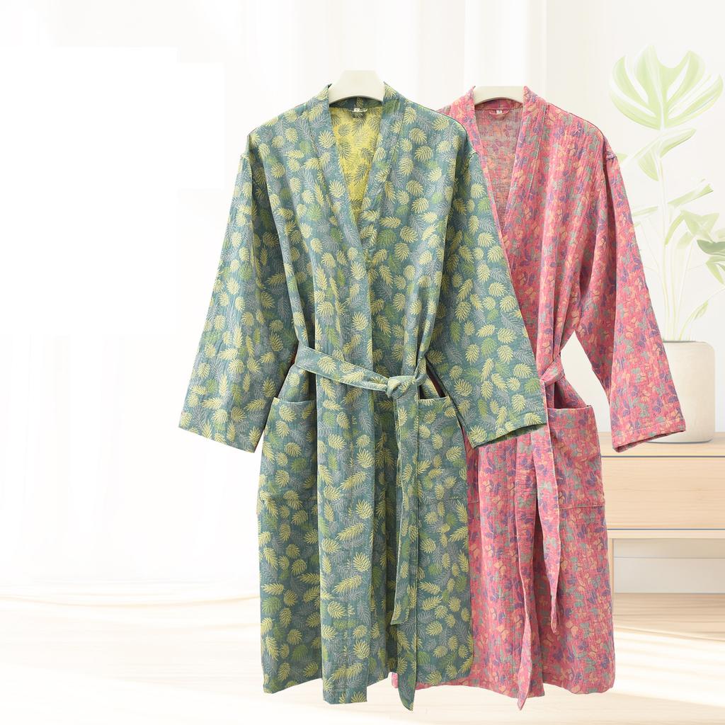 Ropa de dormir de algodón puro para parejas Kimono Bata de baño Manga larga Cuello en V Ropa de noche con cinturón y bolsillo Ropa para el hogar para hombres y mujeres