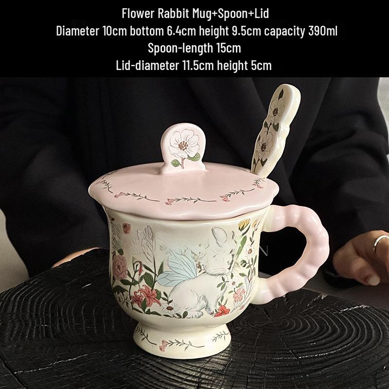 Large Ceramic Mug with Cute Rabbit and Flowers Design, Lid, and Spoon
