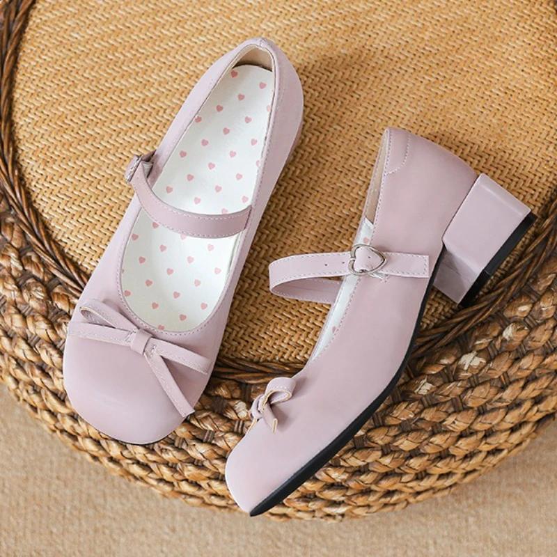 Fashion Cute Pink Butterfly-knot Mary Jane Shoes Women Fashion Heart Buckle Thick Designer Shoe Sweet Lolita Dress Shoe Zapatos De Mujer