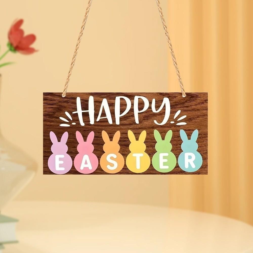 Colorful Rabbit Happy Easter Sign Flowers Pattern Egg Design Wall Decoration Cartoon Style Wooden Material Home Decoration