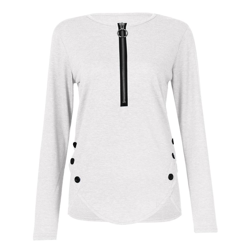 Womens Casual  Zipper Longsleeved Neck Button Tshirt Top