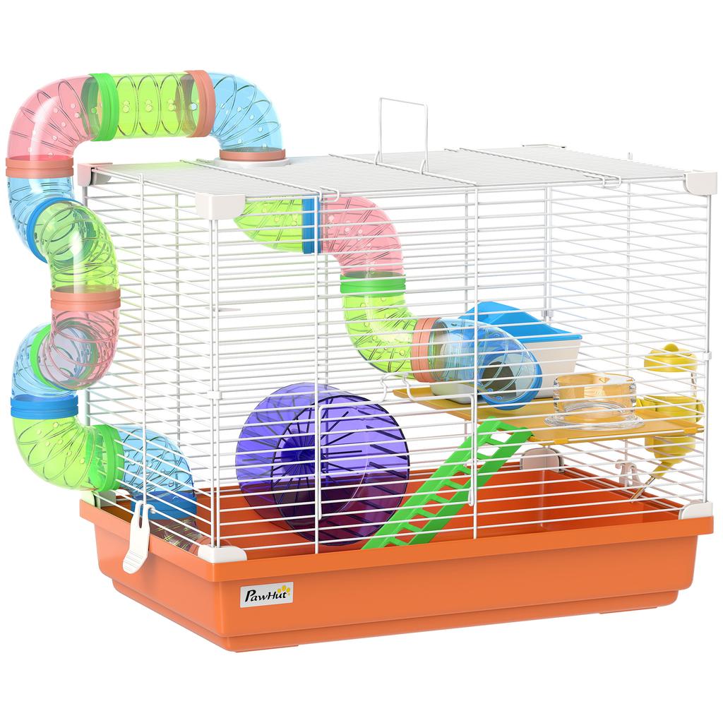 Hamster Cage, 2-Level, Tunnel, Water Bottle, Wheel, House, Ladders, 46 x 30 x 37 cm, Orange