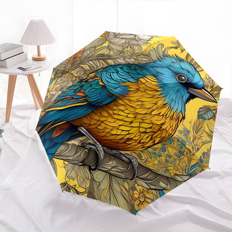 1pc Elegant Blue Bird Floral Print Automatic Folding Umbrella, Portable 3-Fold Design with Iron Frame, Perfect for Outdoor Use, Festive Gifts, Travel,