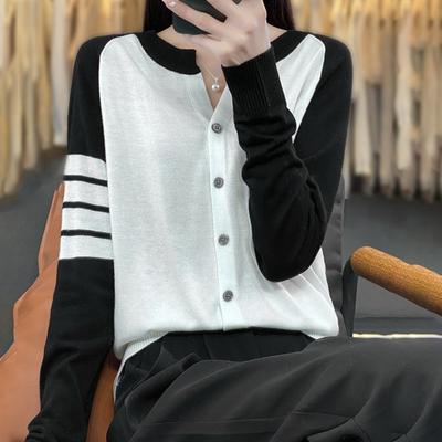 Rundhals Farbblock Wollstrickjacke für Damen im Frühling und Herbst Neu Locker Vielseitiger Strickpullover Einleitung Bequeme Jacke Oberteil