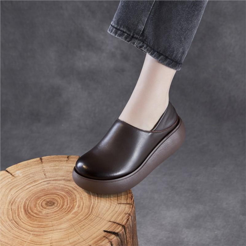 Johnature Genuine Leather Thick Soled Loafers Retro Round Toe Women's Slip-on Flat Platform Shoes